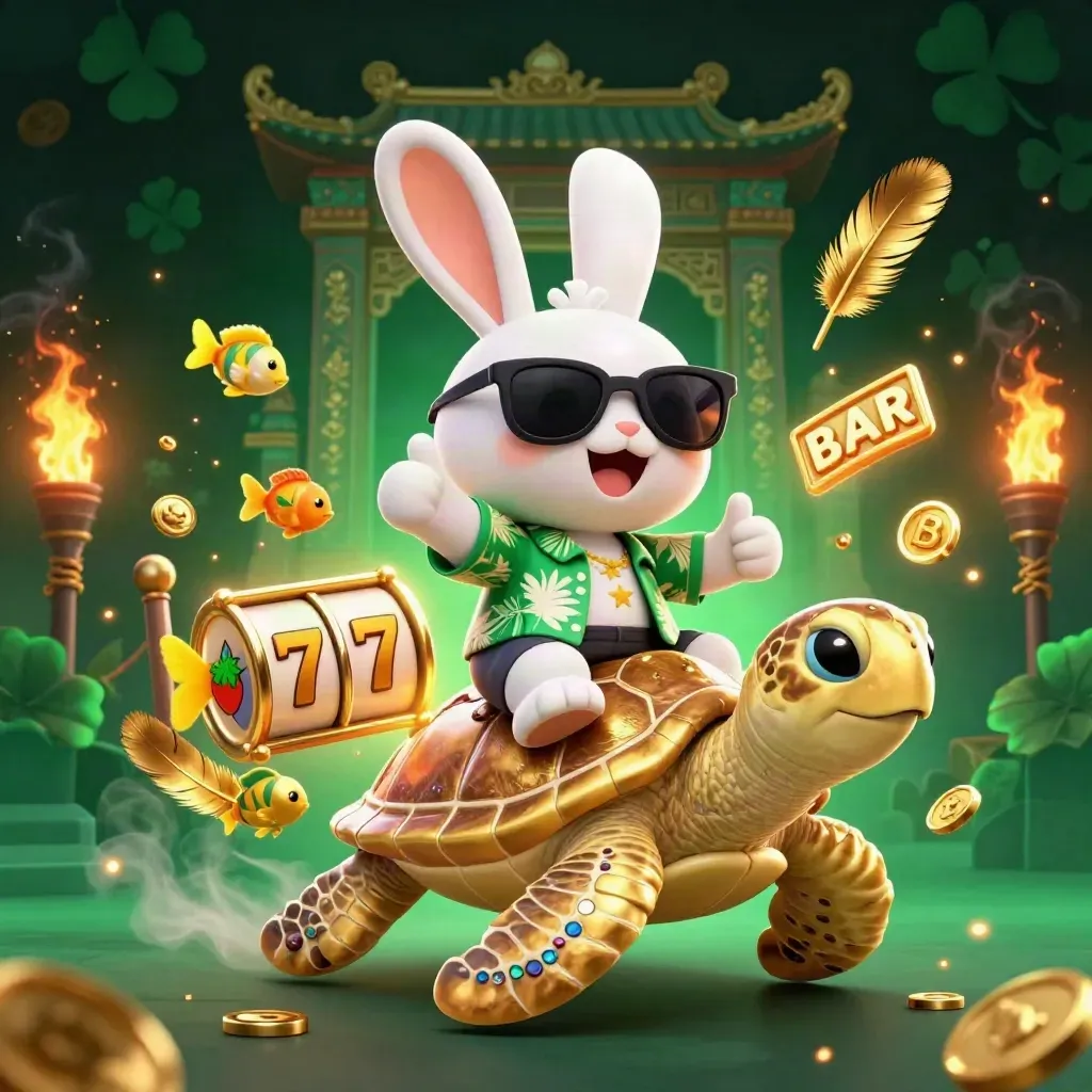 Lucky rabbit rides a golden sea turtle amid casino icons, firelight, and temple ruins.