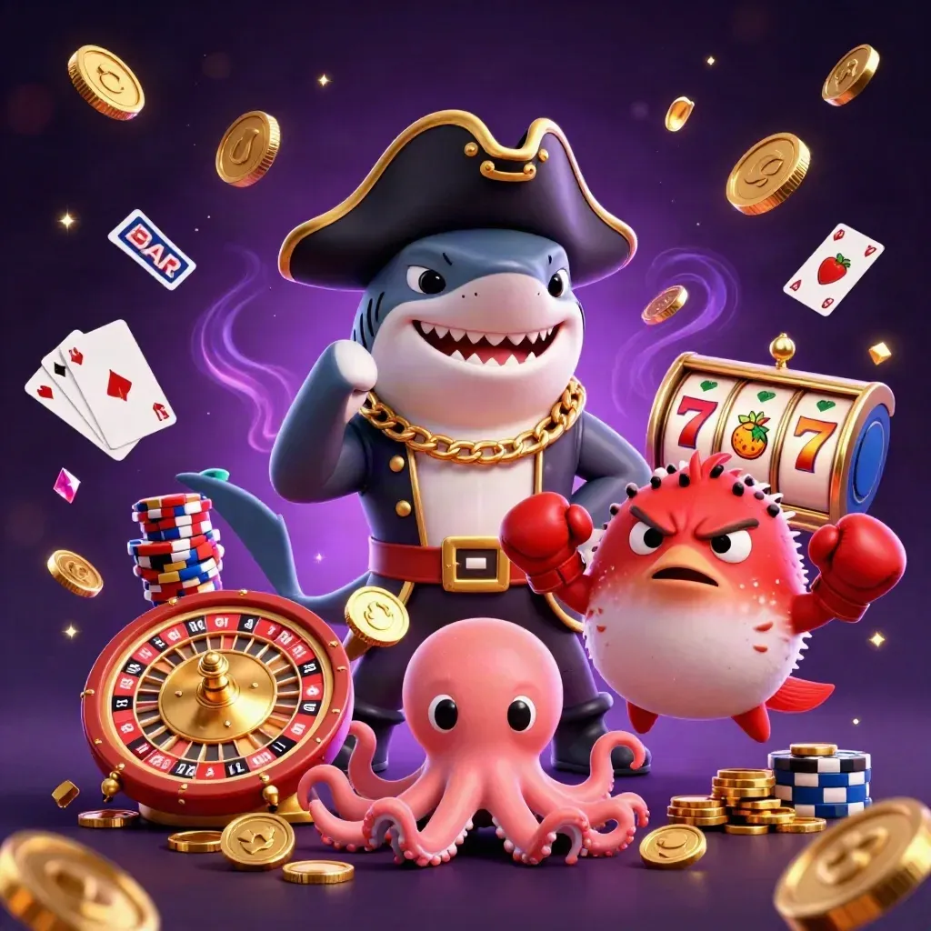 Shark pirate, boxing pufferfish, and coin-juggling octopus amid casino symbols.