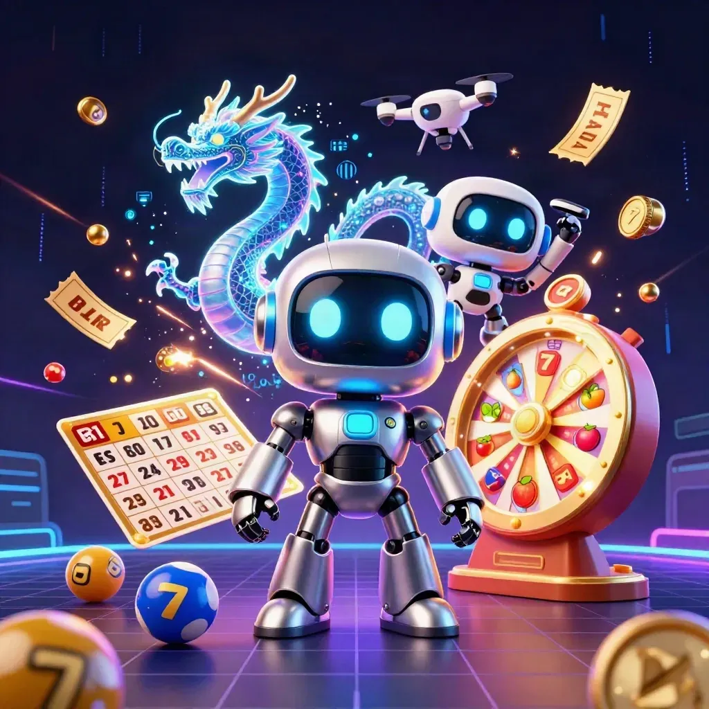 Cyberpunk robot, holographic dragon, and coin drone amid casino sparks, reels, and jackpot glow.